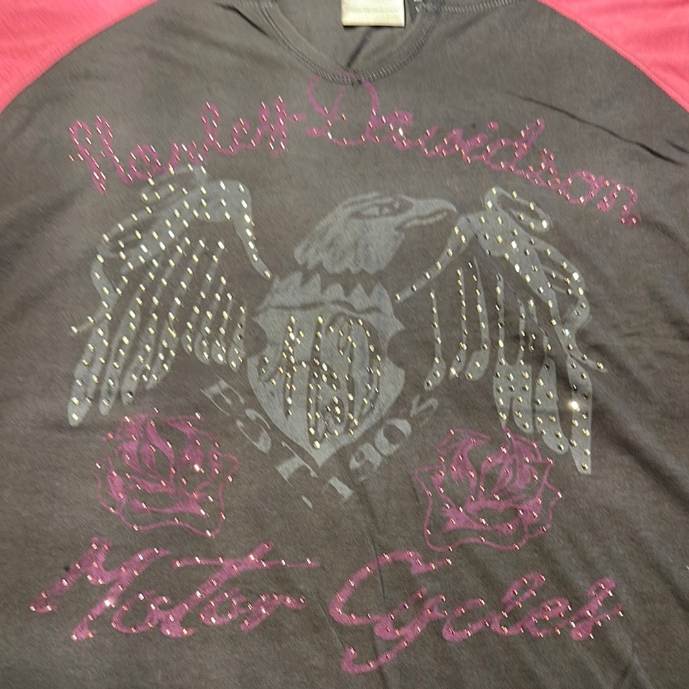 Harley-Davidson Charcoal and Pink Embellished Tee